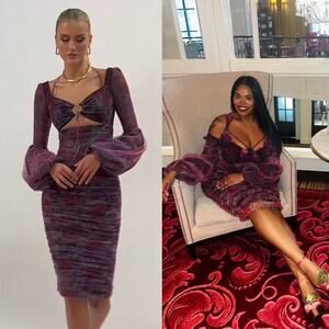 Alieva Bianca Dress Cutout Ruched Midi Floral Purple Chiffon Long Sleeve Size M
